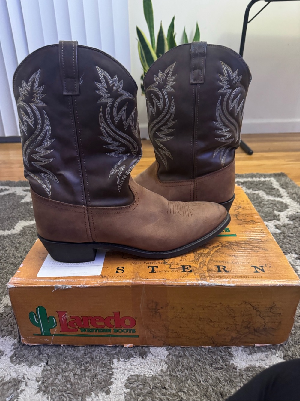 Laredo Brown Two-Tone Western Cowboy Boots with Embroidered Shaft